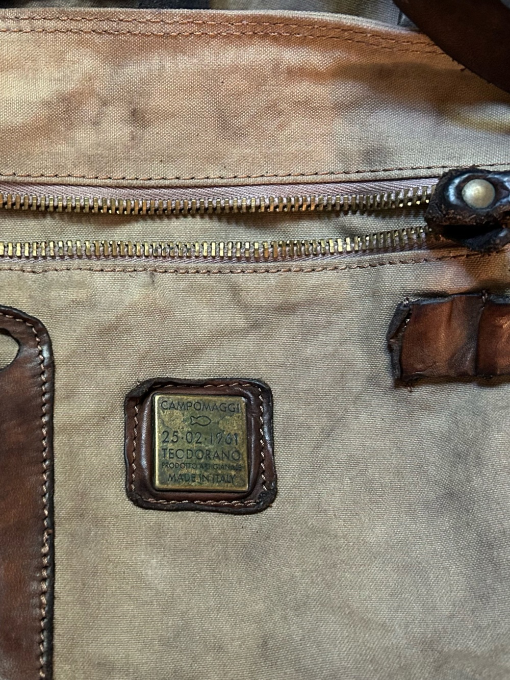 Campomaggi Canvas & Brown Leather Crossbody Tote Bag w/ Studs - Picture 6 of 9
